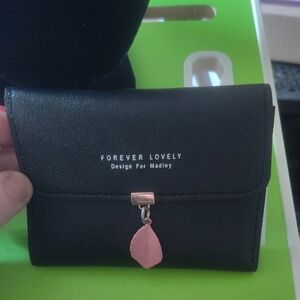 Black Wallet with Pink Leaf Charm